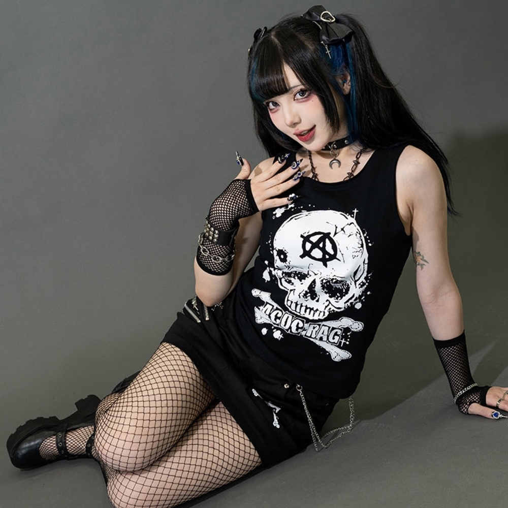 ACDC Rag Harajuku Black Skull Graphic Tank Top - Japanese Fashion